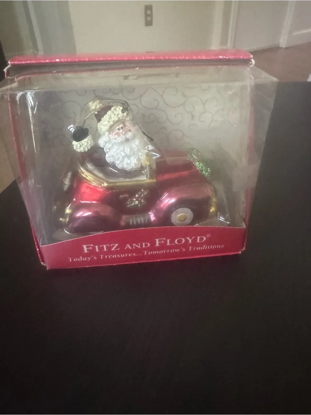 Fitz and Floyd Red Santa Driving Car Christmas Ornament with Gold Accents